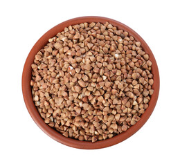 Raw buckwheat in bowl isolated on white, top view