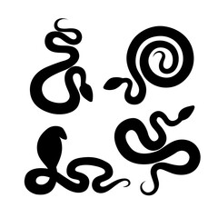 Set of silhouette of snakes. Isolated black flat cartoon silhouette of cobra and viper on white background.