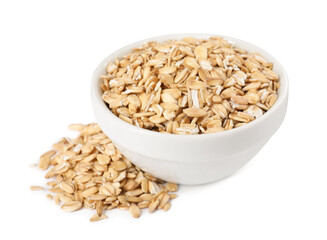 Dry oat flakes in bowl isolated on white