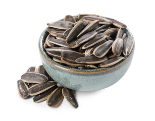 Sunflower seeds in bowl isolated on white