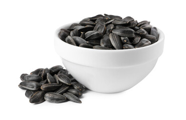 Sunflower seeds in bowl isolated on white