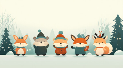 Fototapeta premium the cartoon animation of the animals in the snow forest wearing winter red sweater and christmas festive vibe