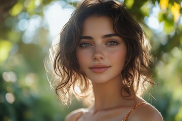 Naklejka premium Freckled Woman Outdoor Portrait, Natural Light, Calm Smile