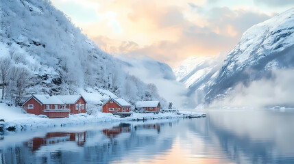 Snowy fjord landscape with soft light. Fjord. Illustration