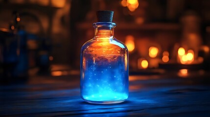 A bottle of blue liquid with a cork stopper