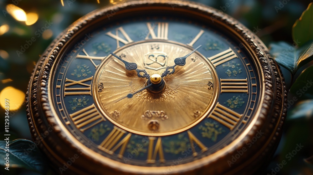 Poster A detailed shot of a clock face nestled among the branches of a tree, suitable for use in editorial or advertising contexts