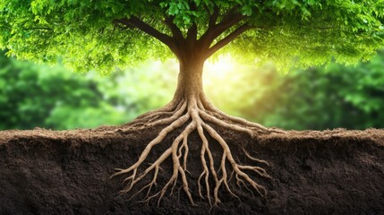 Majestic tree with sprawling roots illuminated by sunlight in a lush forest, AI