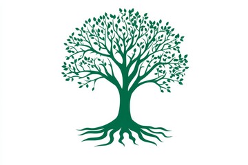 Fototapeta premium Lush green tree with detailed roots and leaves on white background.