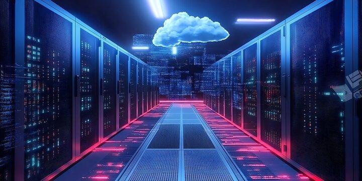 A futuristic cloud with an arrow pointing up, symbolizing the upward trend of digital transformation in business technology and data use cases Generative AI