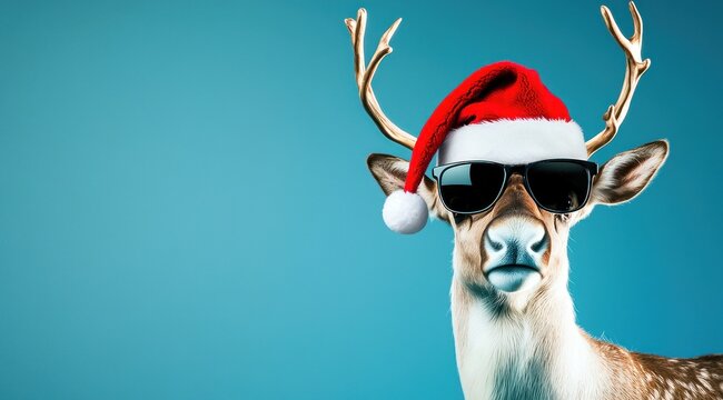 Un renne drôle portant un bonnet de Père Noël et des lunettes de soleil, isolé sur un fond de couleur cyan, concept pour repas de Noël et du nouvel an, image avec espace pour texte.