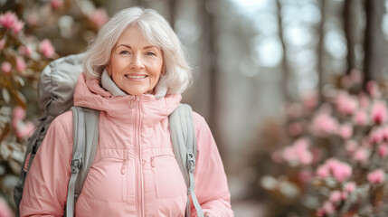 Elderly woman in winter hat and jacket in the forest with a backpack, pastel pink and gray tones