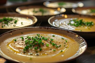 A close-up shot of a bowl of hot and creamy soup with various toppings, perfect for use in food or lifestyle photography