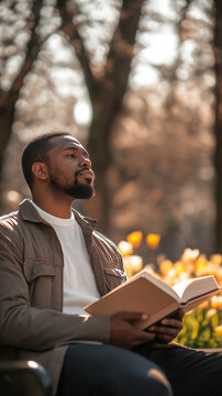 African american man reading in sunny park surrounded by flowers