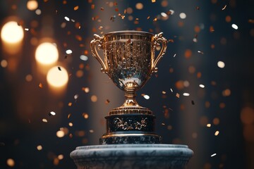 Elegantly crafted trophy displayed on a marble pedestal amidst celebratory confetti and soft glowing lights at an award ceremony