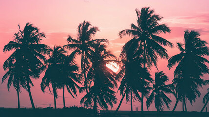 Breathtaking Sunset Over City Skyline with Tall Skyscrapers Silhouetted Against Golden Hue, Palm Trees in Foreground, Birds Flying, Serene Ambiance with City Lights Illuminating in Distance