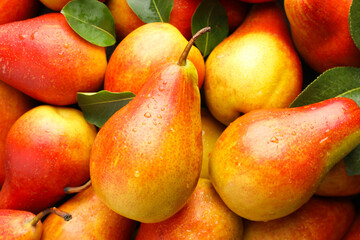 Fresh ripe juicy pears as background, closeup