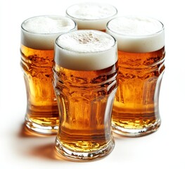 Four Glasses of Cold Beer with Frothy Heads Perfectly Arranged on a White Background Ideal for Refreshing Beverage Concepts and Celebratory Themes