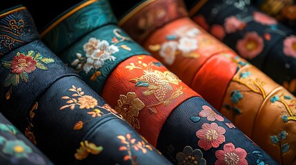 Closeup of traditional Chinese silk garments laid out for New Year celebrations with rich embroidery and gold accents