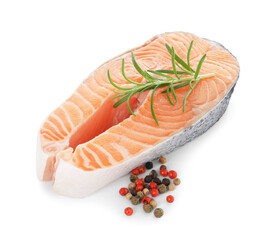 Steak of fresh raw salmon and spices isolated on white