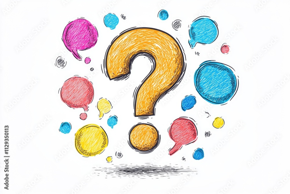 Poster A question mark surrounded by thought clouds, perfect for expressing uncertainty or seeking clarification