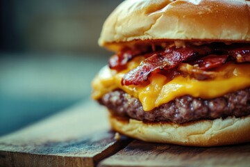A juicy cheeseburger with crispy bacon and melted cheese on a wooden cutting board, perfect for serving or styling