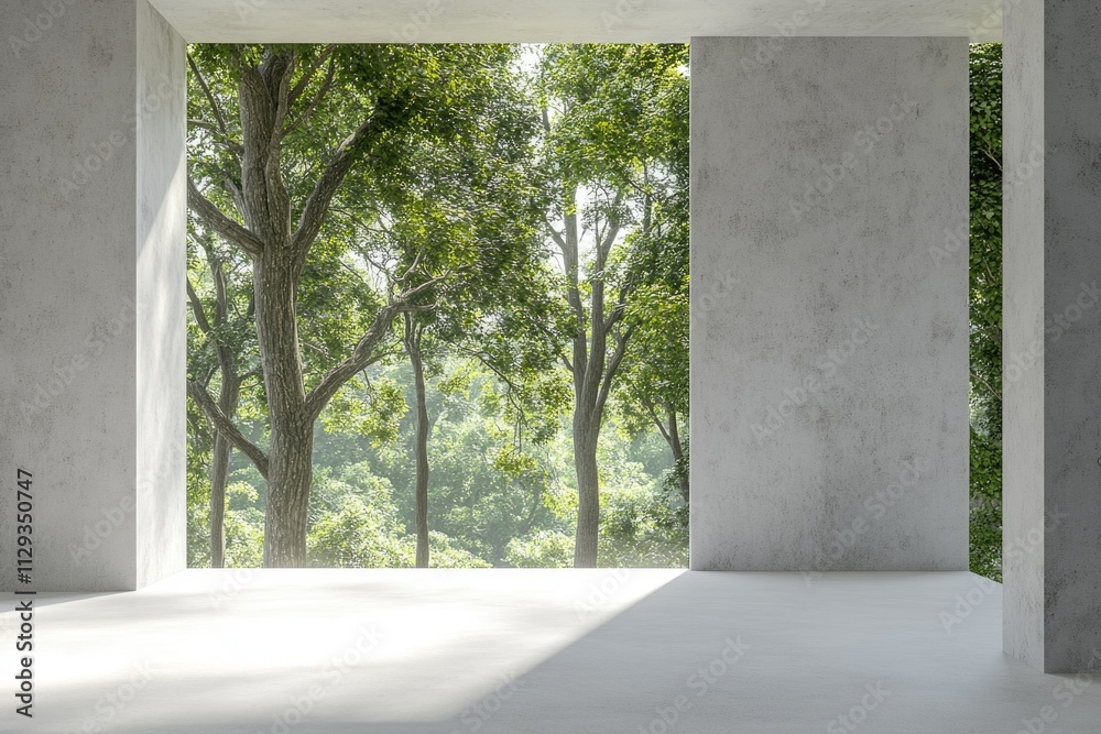 Aufkleber a empty room with a view of a dense forest, perfect for use in interior design or real estate images