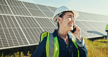 Engineer, solar energy and woman with phone call outdoor for photovoltaic plate testing or...