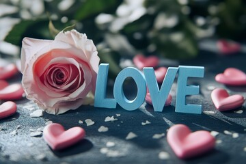 Fototapeta premium A single rose rests elegantly on a table, surrounded by delicate hearts, symbolizing love and romance on Valentine's Day.