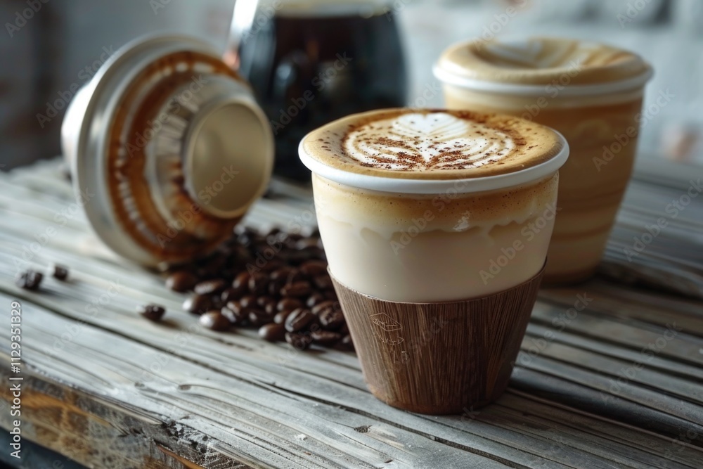 Poster a simple still life image of two cups of coffee placed on a wooden table