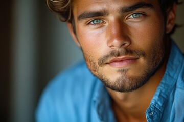 Obraz premium A close-up shot of a person wearing a blue shirt