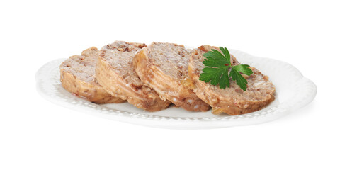 Canned meat with fresh parsley isolated on white