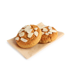Tasty cookies with almond flakes isolated on white