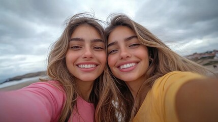 Fototapeta premium Two women taking a selfie on the beach, great for social media or travel themes