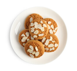 Tasty cookies with almond flakes isolated on white, top view