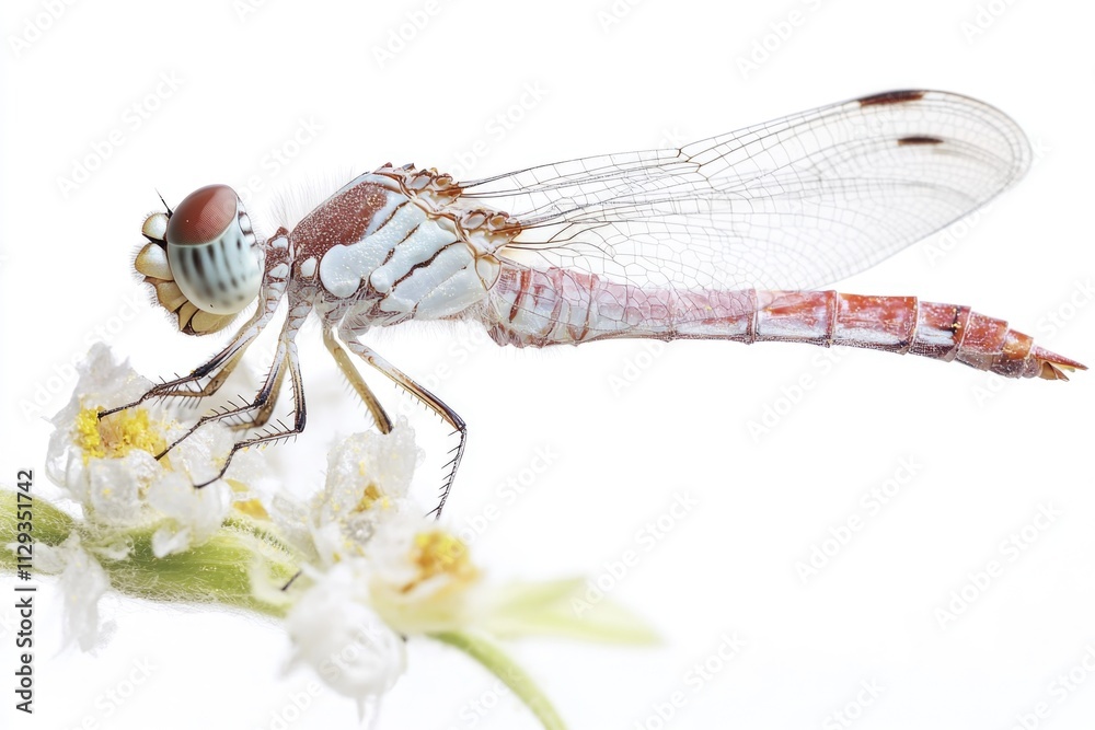 Poster a close-up view of a dragonfly sitting on a flower