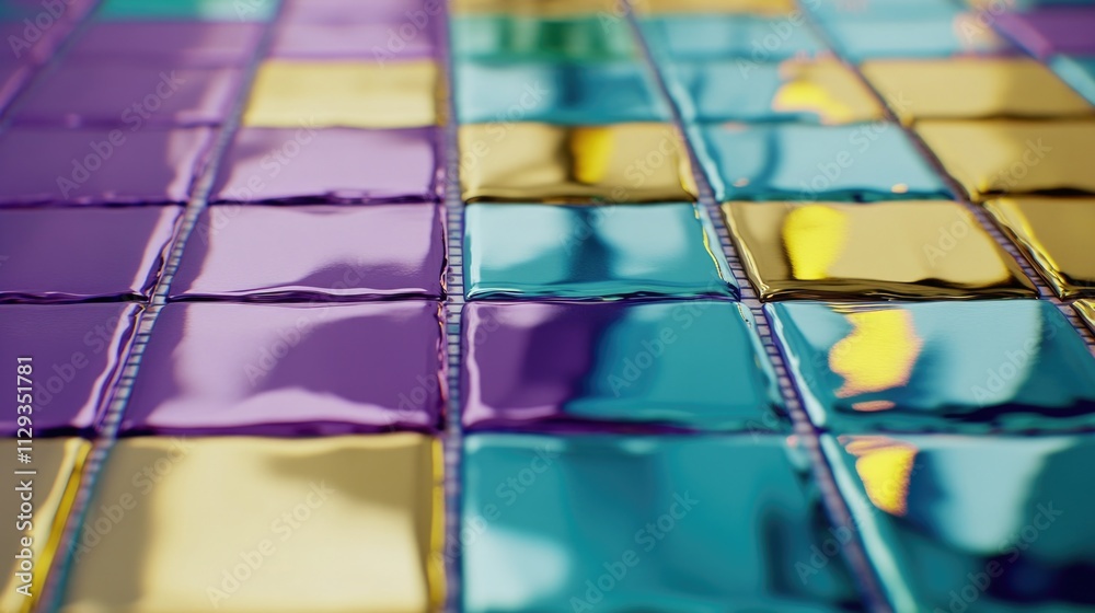 Poster a detailed view of a vibrant tile design on a floor, suitable for use in interior design or decorati