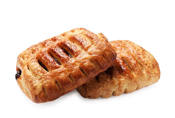 Delicious puff pastries with fruit filling isolated on white