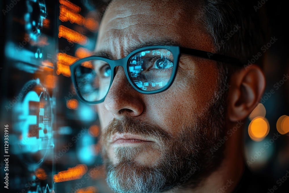 Poster a person examines a computer screen with glasses on