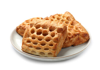 Delicious puff pastries with fruit filling isolated on white