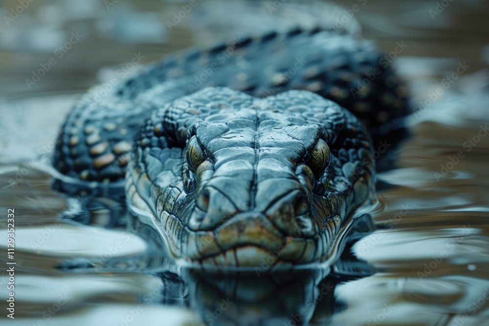 Poster a close-up shot of an alligator's head submerged in water, perfect for use in wildlife or nature-the