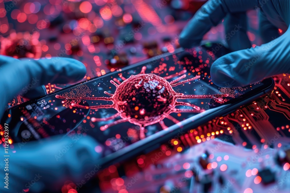 Aufkleber A scientist examines a cell phone in a laboratory setting, possibly for quality control or testing purposes