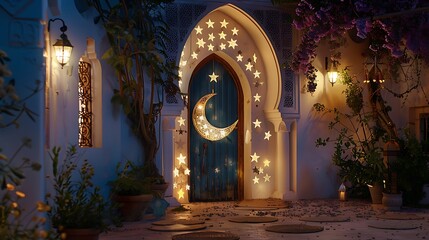 A beautifully decorated entrance to a home with Ramazan-themed decorations, including a crescent moon and star wreath