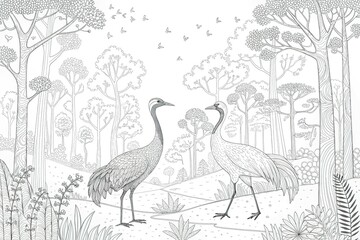 Fototapeta premium Coloring page Two Cranes in the forest