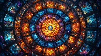 Vibrant Stained Glass Mandala Design with Glowing Panels in Shades of Blue, Gold, and Purple