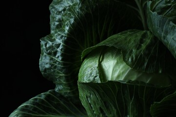 Whole ripe head of cabbage on dark background, closeup