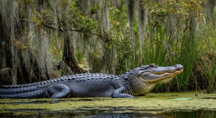 American alligator in lush swamp habitat with hanging moss and aquatic vegetation
