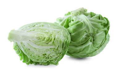 Whole and cut cabbages isolated on white