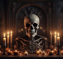 Spooky vintage Halloween poster design with skeleton, skull and candles, creepy, traditional, celebration