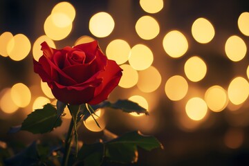 A single rose rests gracefully in front of a cluster of twinkling lights, creating a romantic and enchanting atmosphere perfect for Valentine's Day.