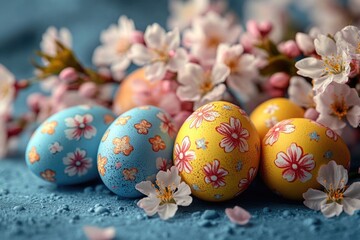 Fototapeta premium A collection of vibrant Easter eggs arranged on a blue surface